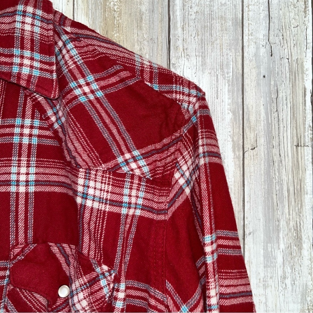 Wrangle Red Snap Button Plaid Button Down - image 3